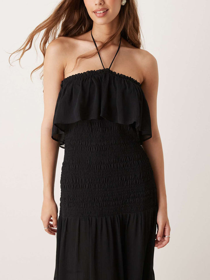 Elegant Ruched Layered Halter Backless Chiffon Maxi Dress