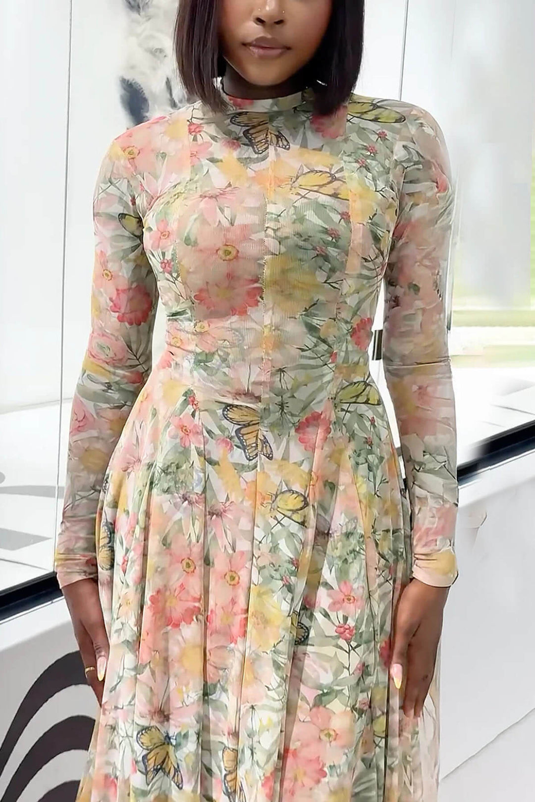 Elegant Floral Butterfly Print Maxi Dress