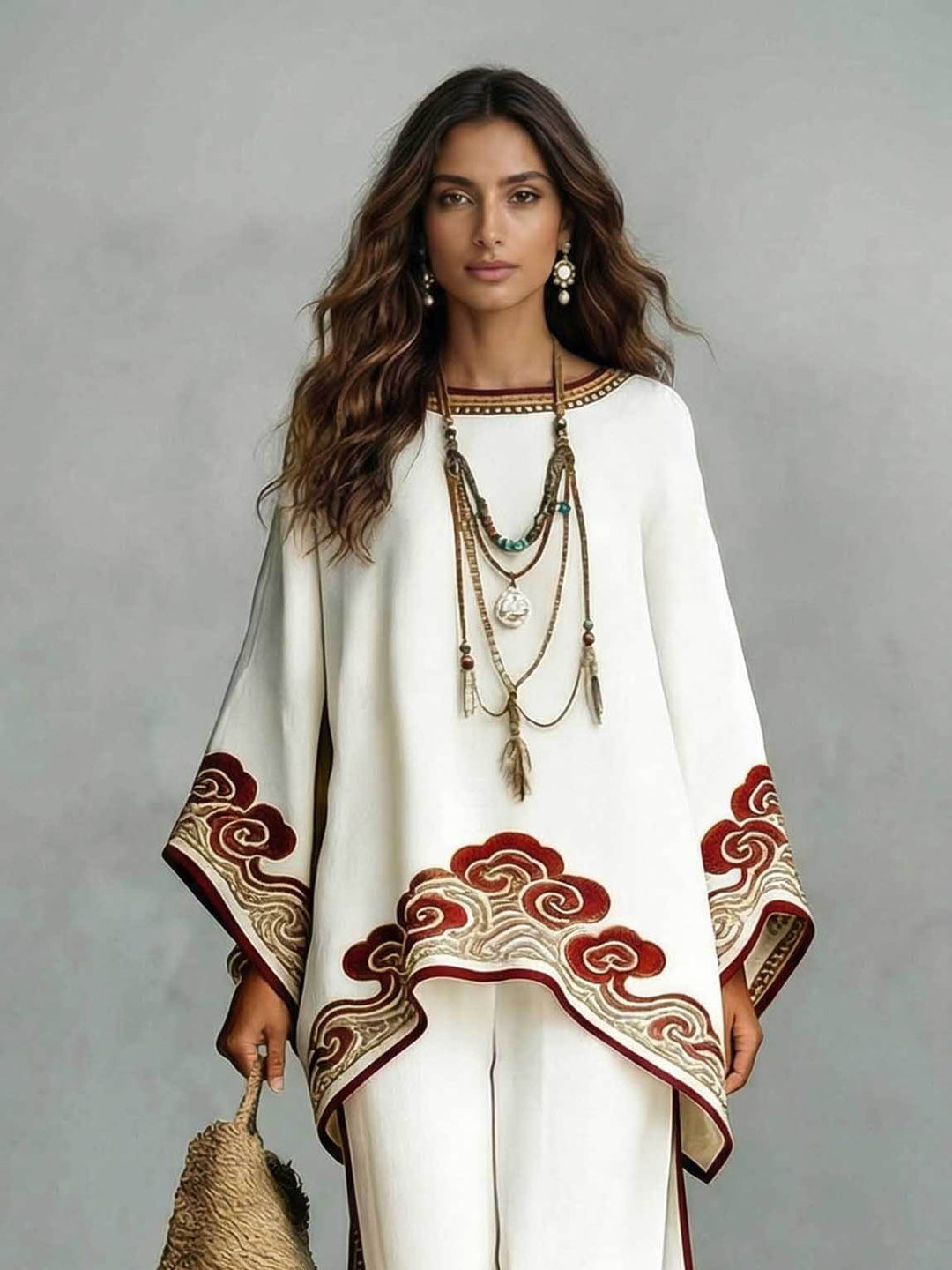 Elegant Satin Cloud Print Loose Kaftan Top & Pants Two-Piece Set