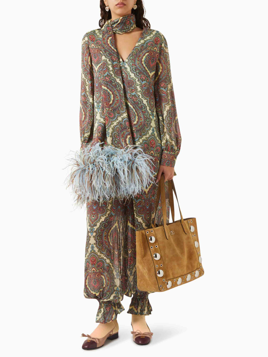 Retro Paisley Print Ruffled Hem Pants