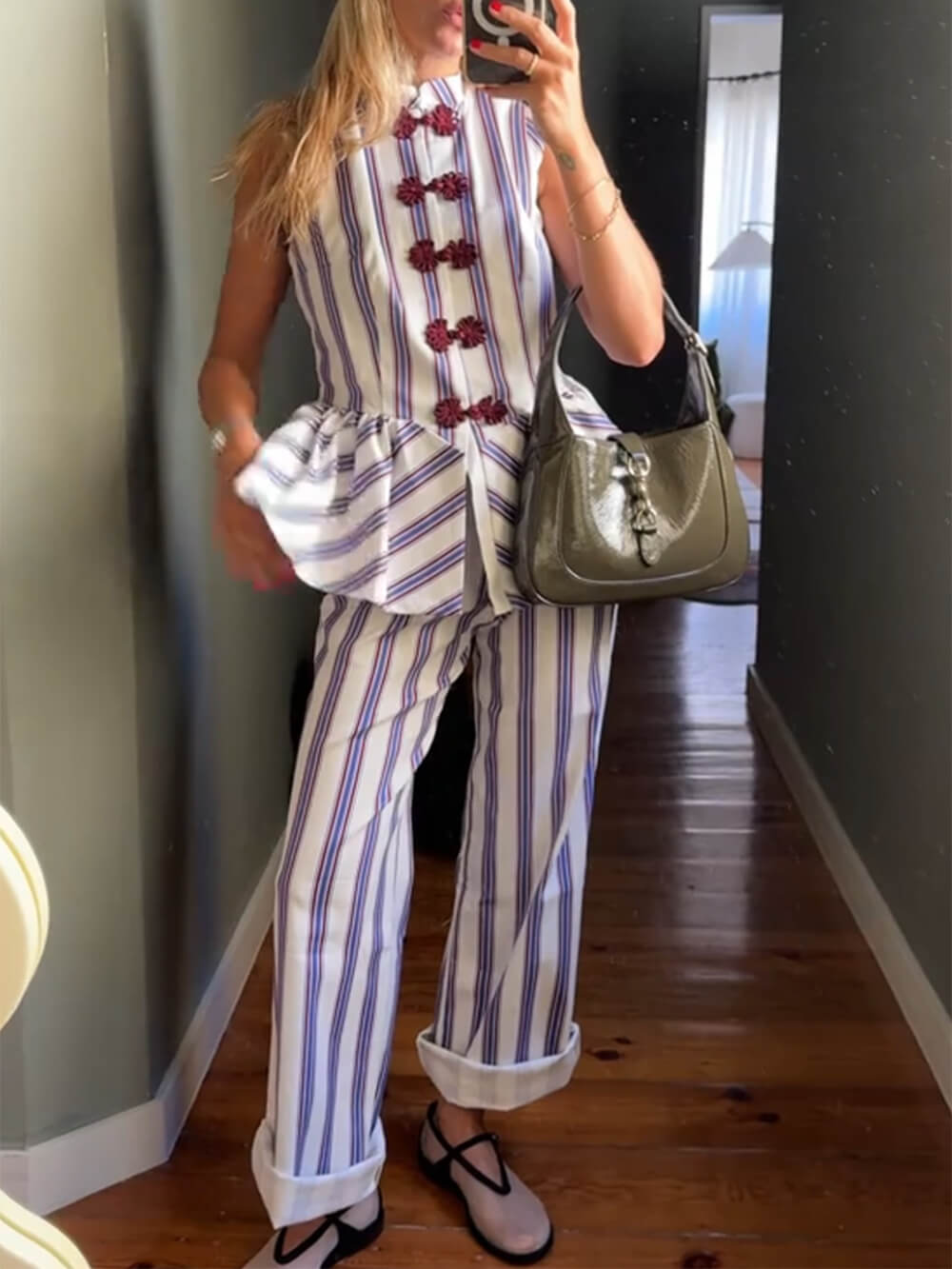 Retro Stripe Print High-Waist Straight-Leg Pants