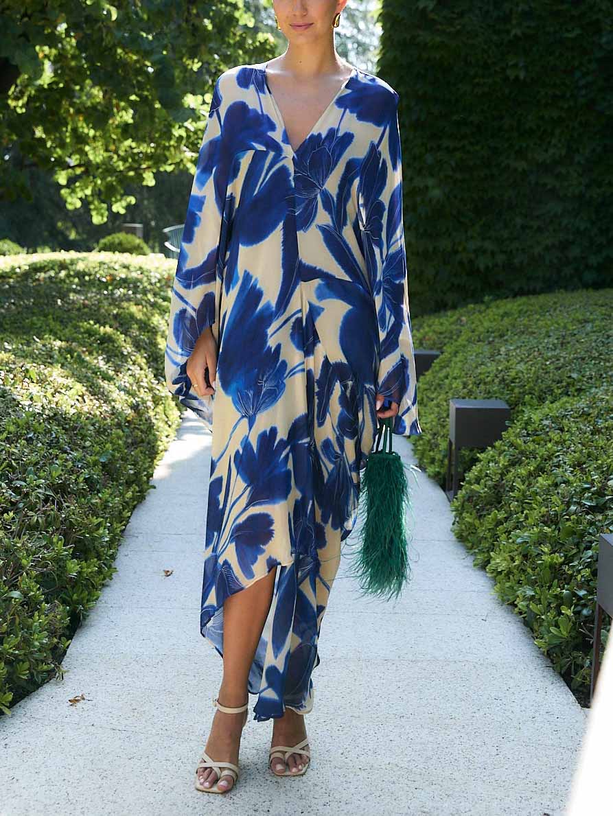 Elegant Oversized Floral Print Batwing Sleeve Chiffon Maxi Dress