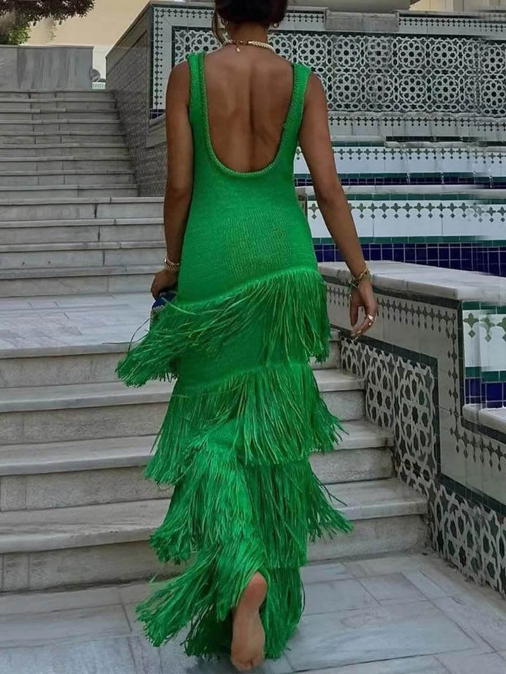 Elegant Solid Color Sleeveless Slim Fit Fringed Hem Knitted Maxi Dress