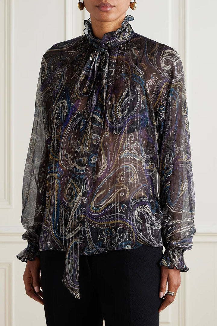 Retro Bow Print Chiffon Long-Sleeve Loose Blouse