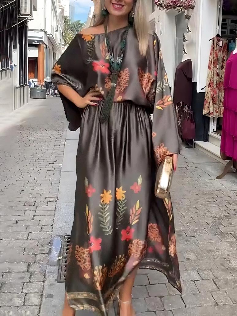 Exquisite Floral-Print Satin Slit Skirt