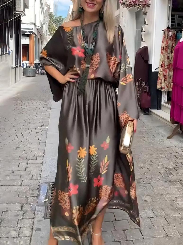 Exquisite Floral-Print Satin Slit Skirt
