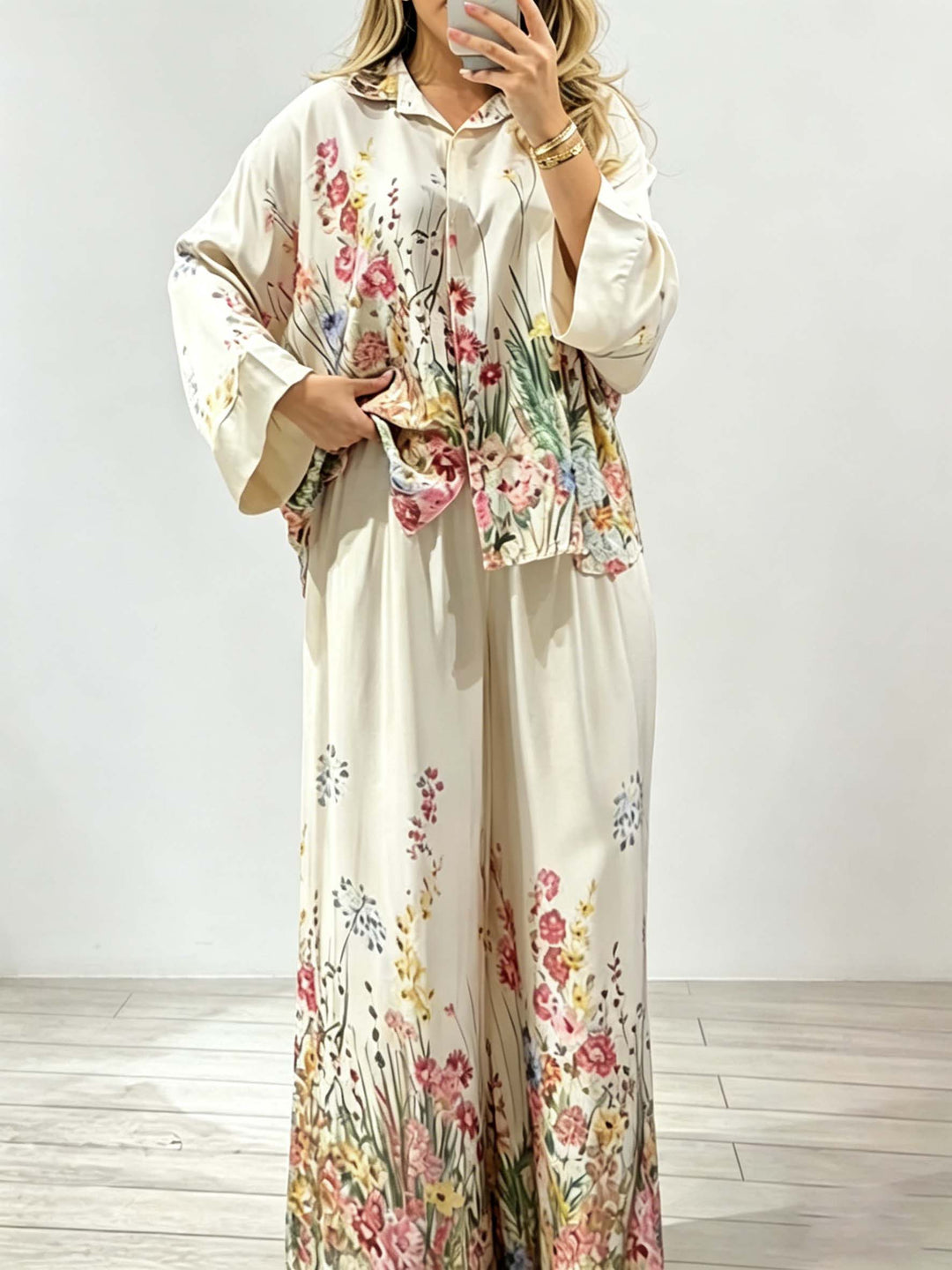 Elegant Floral Print Satin Button Shirt