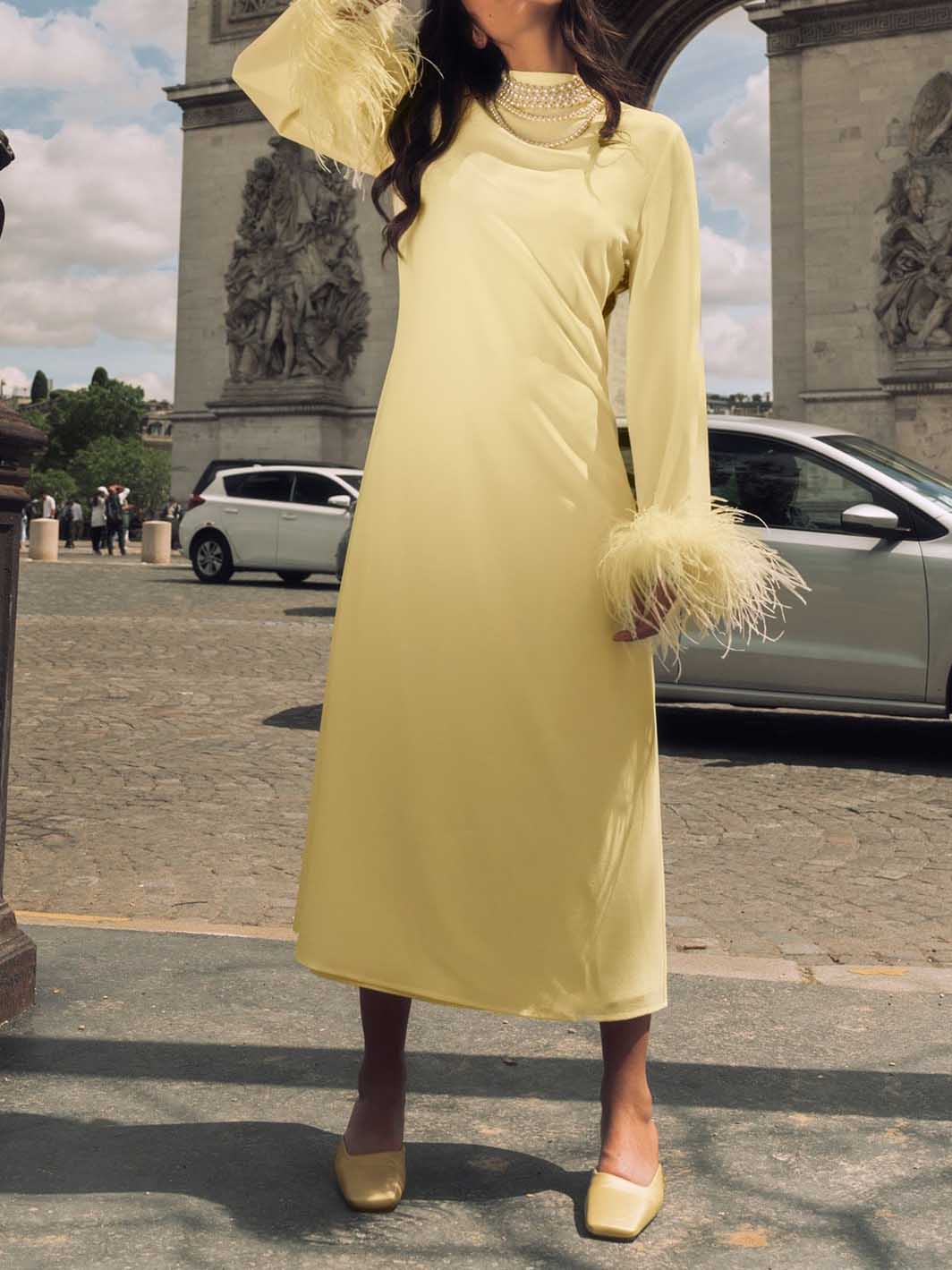 Elegant High-Neck Feather Cuff Chiffon Midi Dress