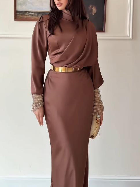 Elegant Satin Long-sleeved Pleated Maxi Dress