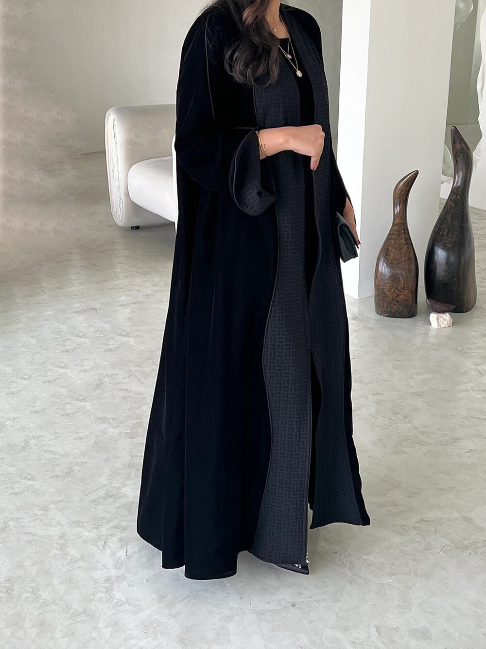 Elegant Black Printed Velvet Robe Cardigan
