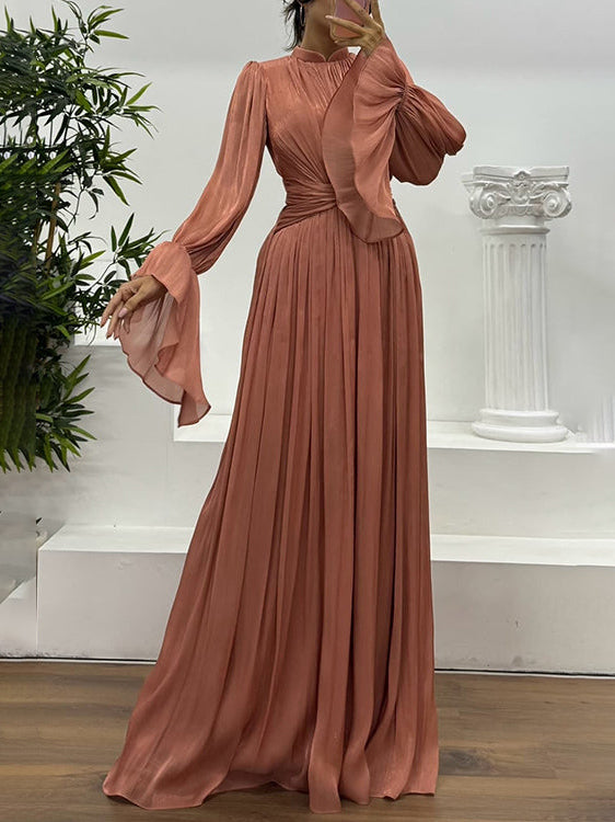 Elegant Pleated Flowy Long-Sleived Maxi Dress
