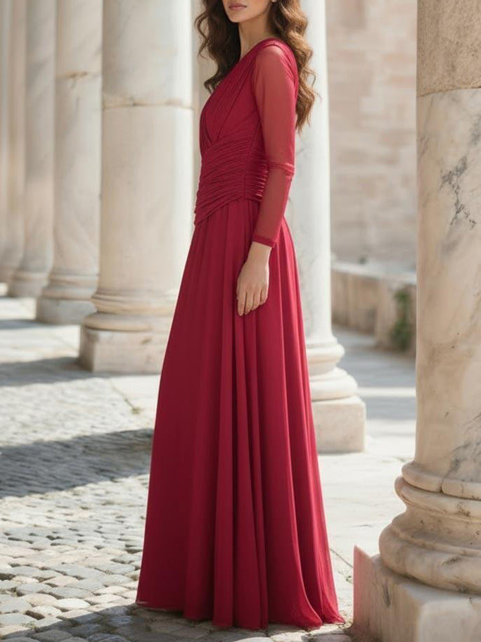 Elegant Long-sleeved Mesh Pleated Maxi Dress