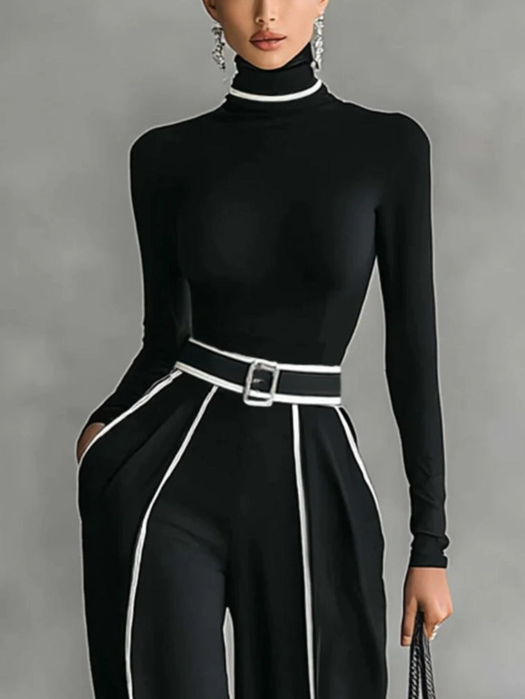 Elegant High Neck Slim Fit Long Sleeve Top Two-Piece Set