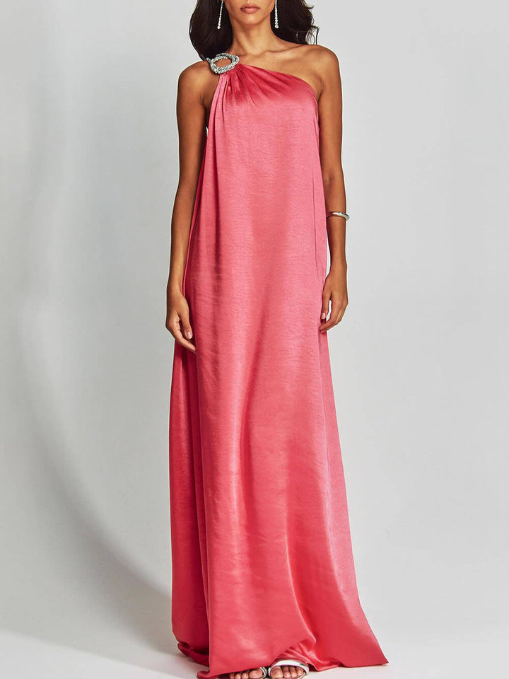 Exquisite Charming Glance Satin Metal Hardware One Shoulder Loose Maxi Dress