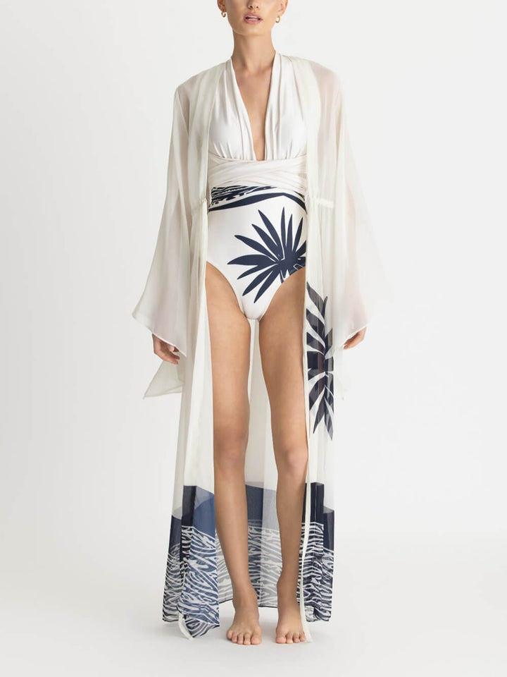 Sexy Kimono Palm Tree Print Beach Cover-Up