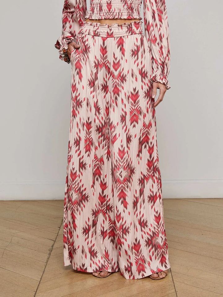 Retro Print Satin With Pleats Elastic Pockets Wide-Leg Pants