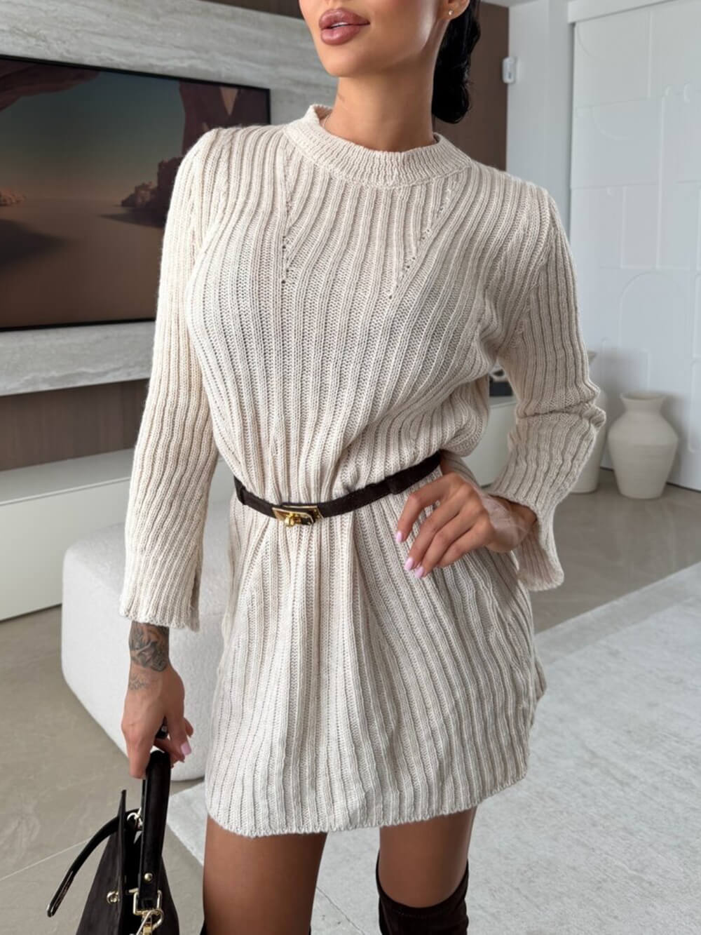 Fashion Casual Cable Knit Sweater Mini Dress