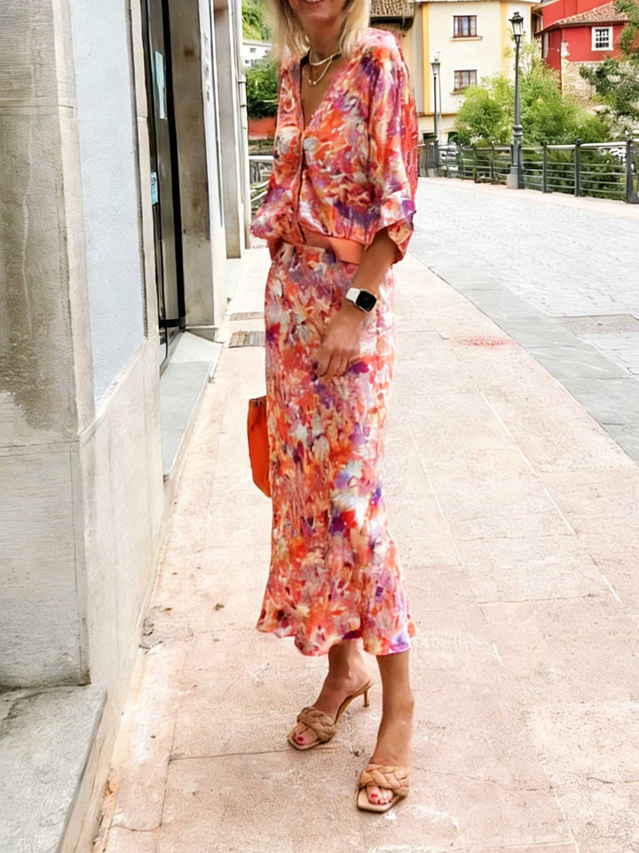 Exquisite Floral Print Satin Batwing Sleeve Shirt