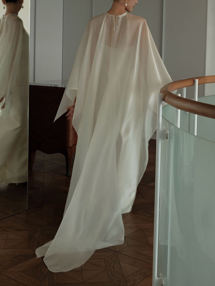Elegant Sheer Cape Overlay Satin Maxi Dress