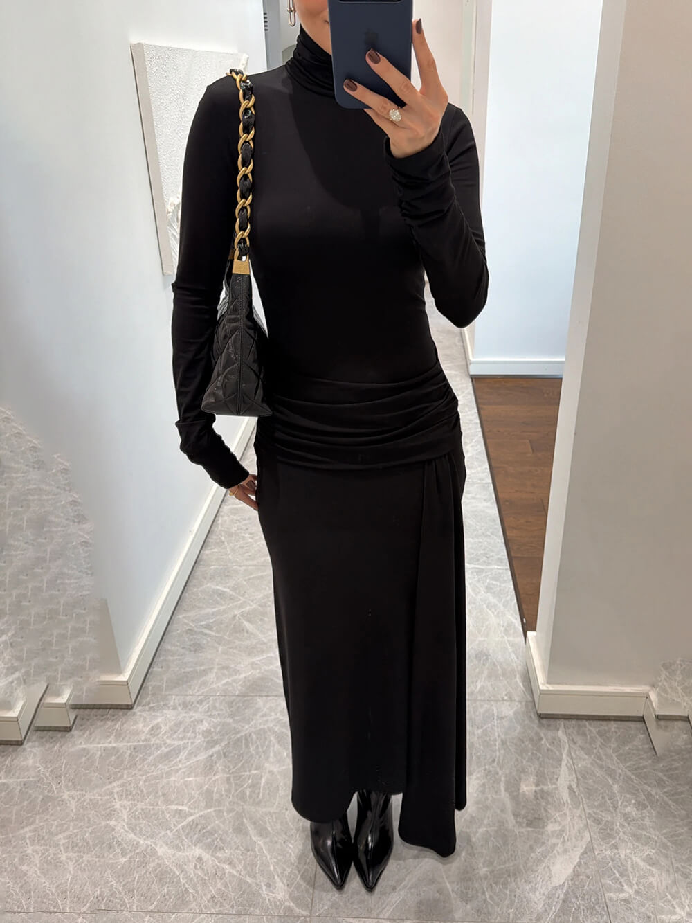 Elegant Black Ruched Waist Slit Maxi Dress