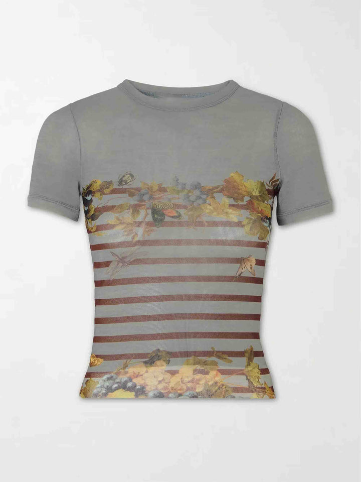 Artistic Floral Stripe Mesh Top & Midi Skirt Two-Piece Set