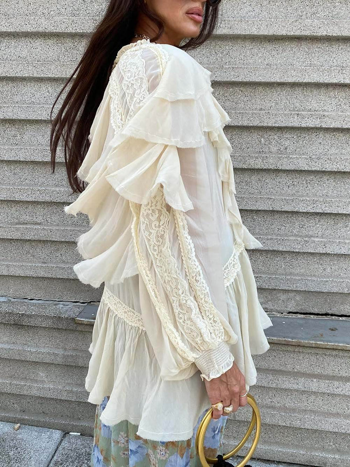 Boho Chiffon Lace Trim Ruffle Balloon Sleeve Blouse