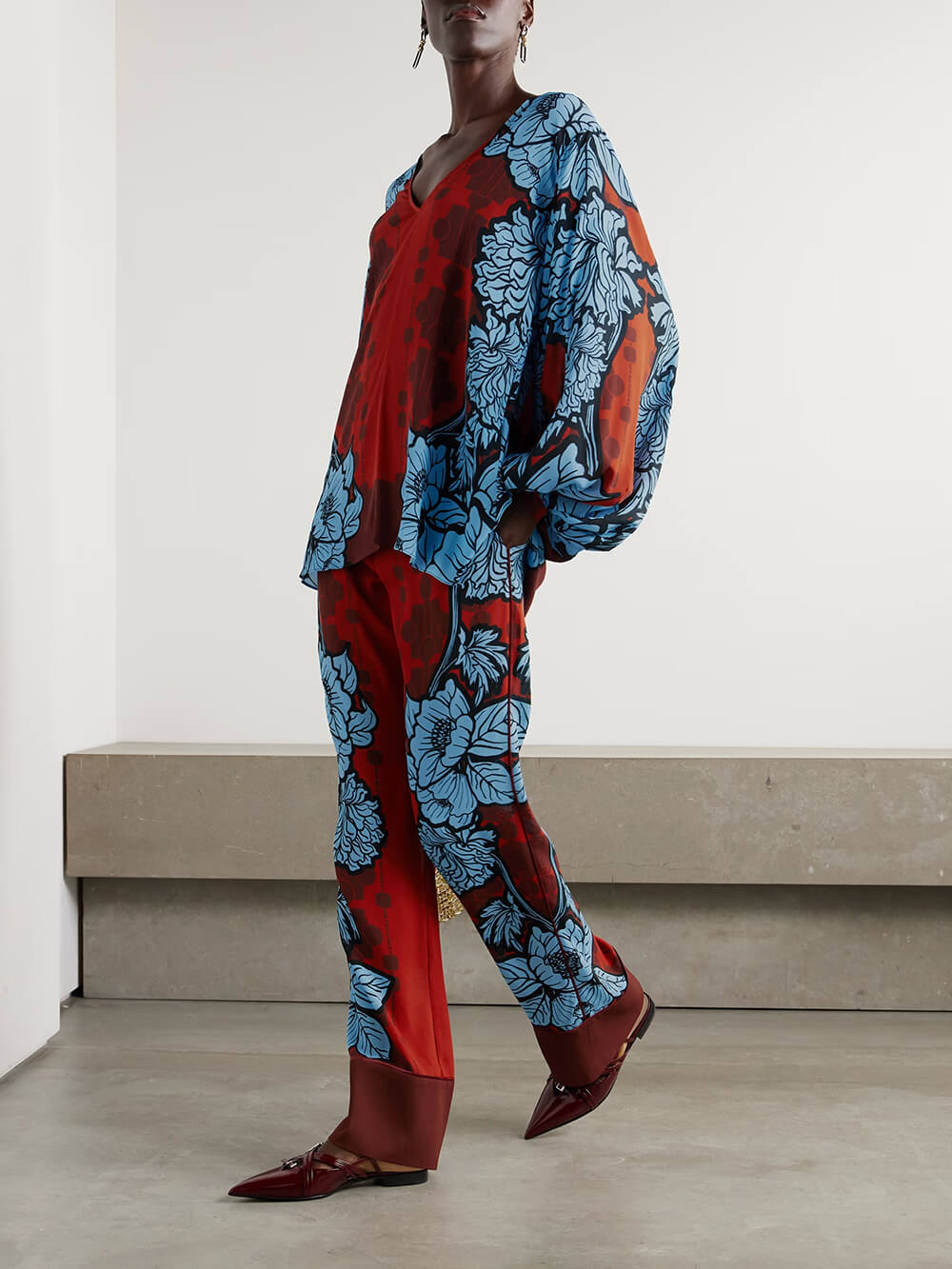 Unique Color-Block Print V-Neck Satin Loose Shirt