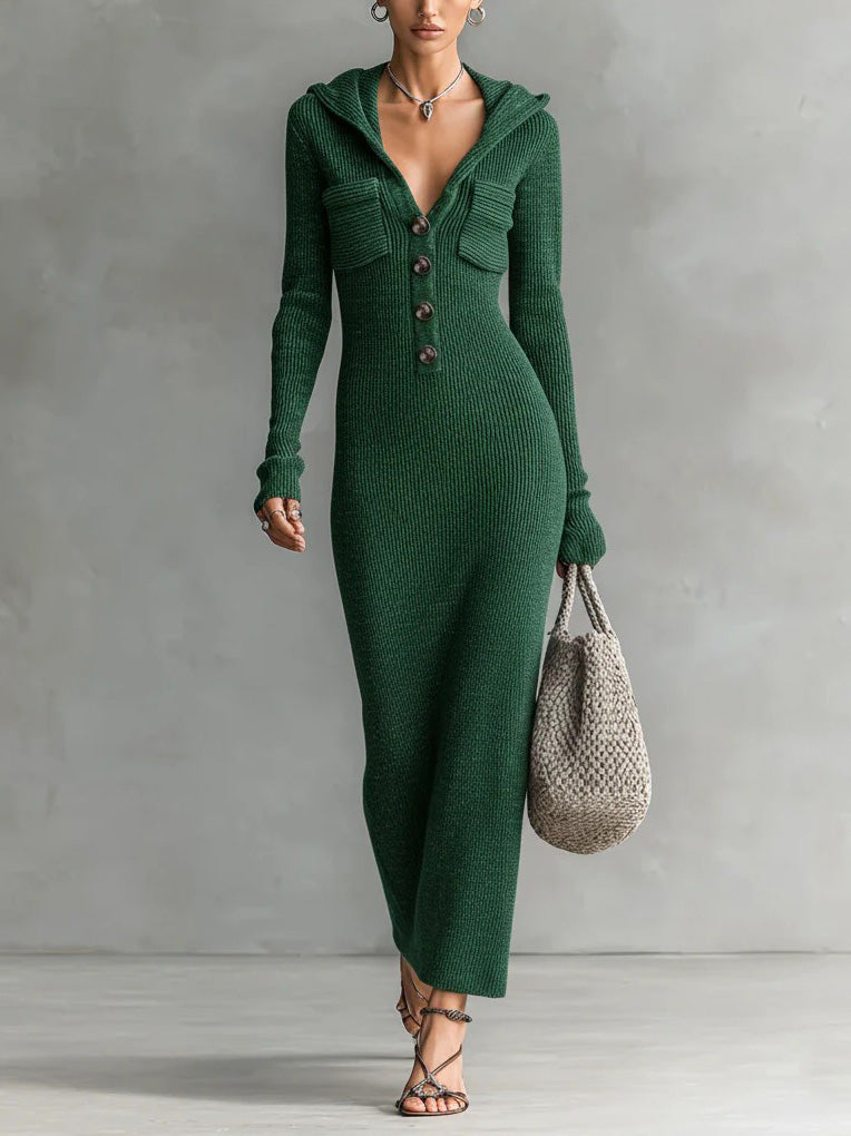 Casual Hooded Knitted Slim-fit Maxi Dress