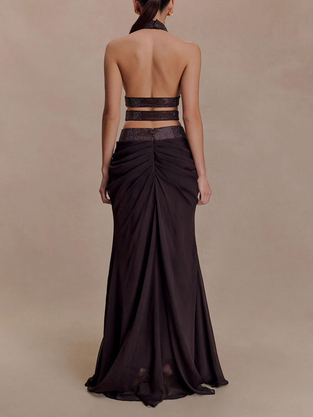 Exquisite Sequin Openwork Top And Satin Pleated Maxi Skirt Set