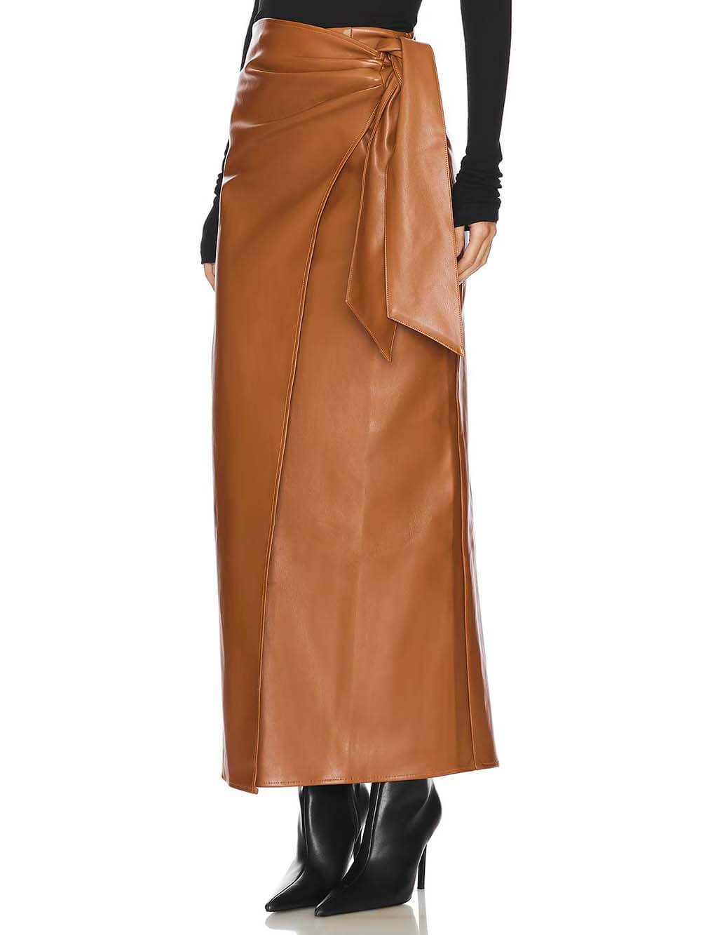 Casual Chic Faux Leather High-Waist Wrap Tie Stretch Maxi Skirt