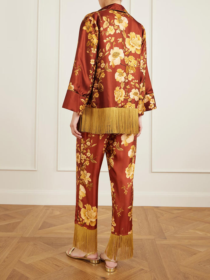 Exquisite Fringe Floral Print Satin Shirt and Elastic-Waist Wide-Leg Pants Set