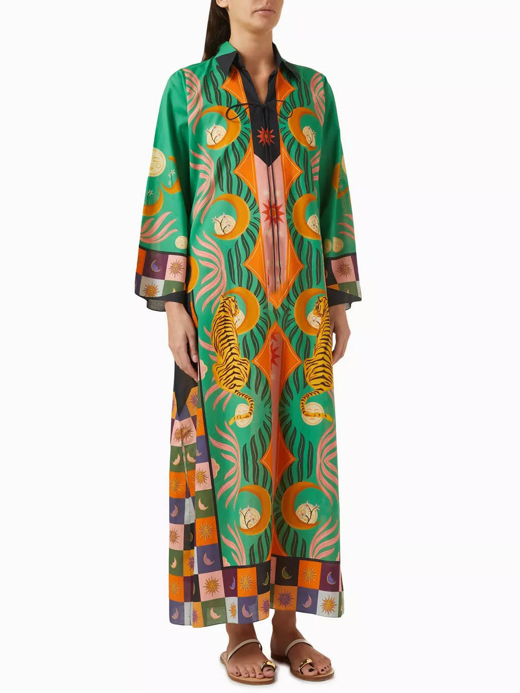 Unique Pattern Satin Print Kaftan Lace-up Maxi Dress