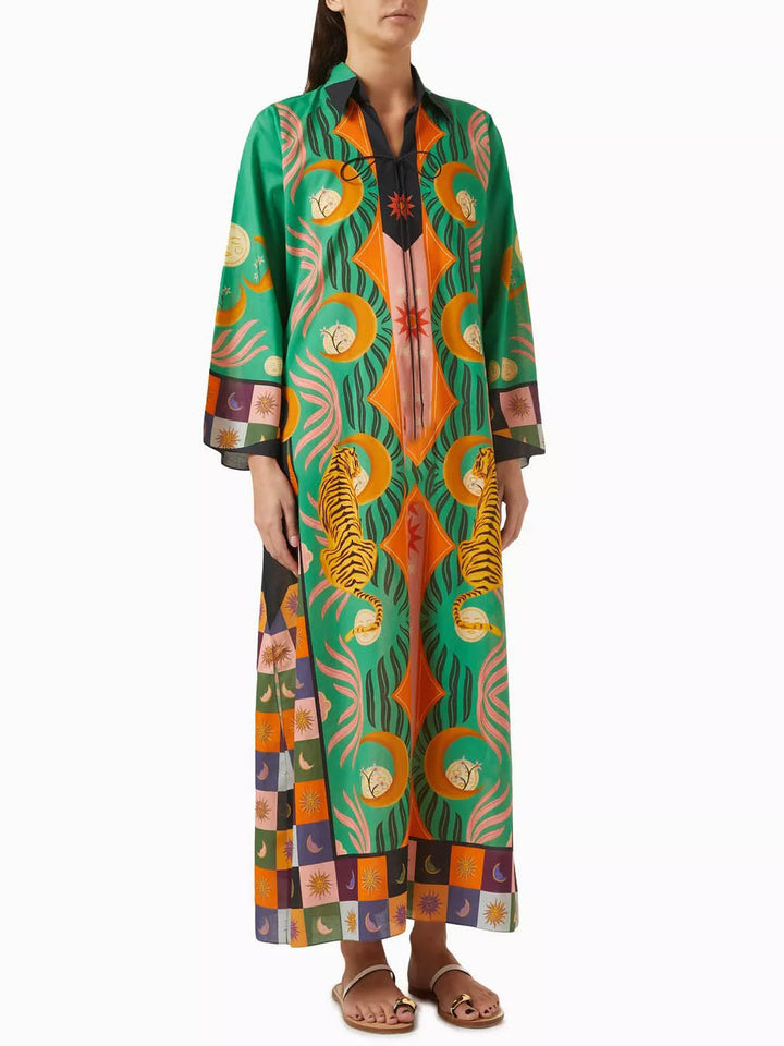 Unique Pattern Satin Print Kaftan Lace-up Maxi Dress