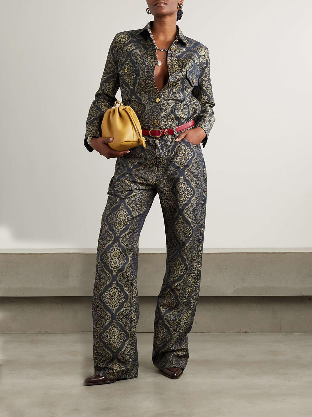 Retro Ethnic Print Metallic Denim Jacquard Straight Pants