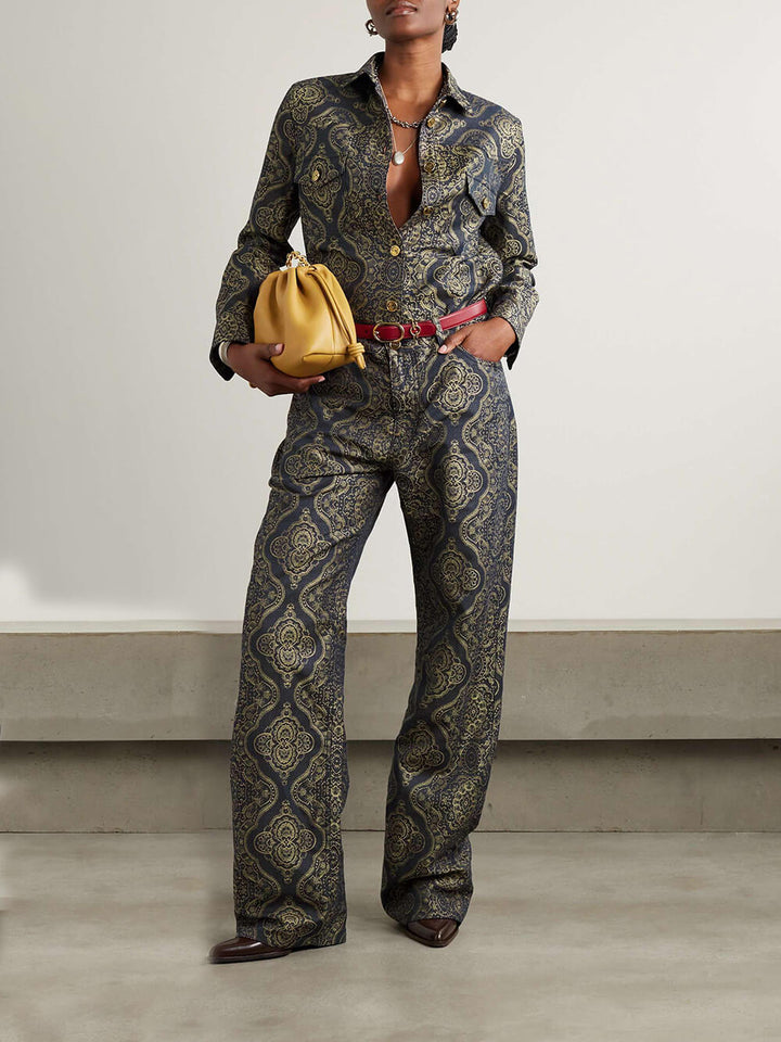 Retro Ethnic Print Metallic Denim Jacquard Straight Pants