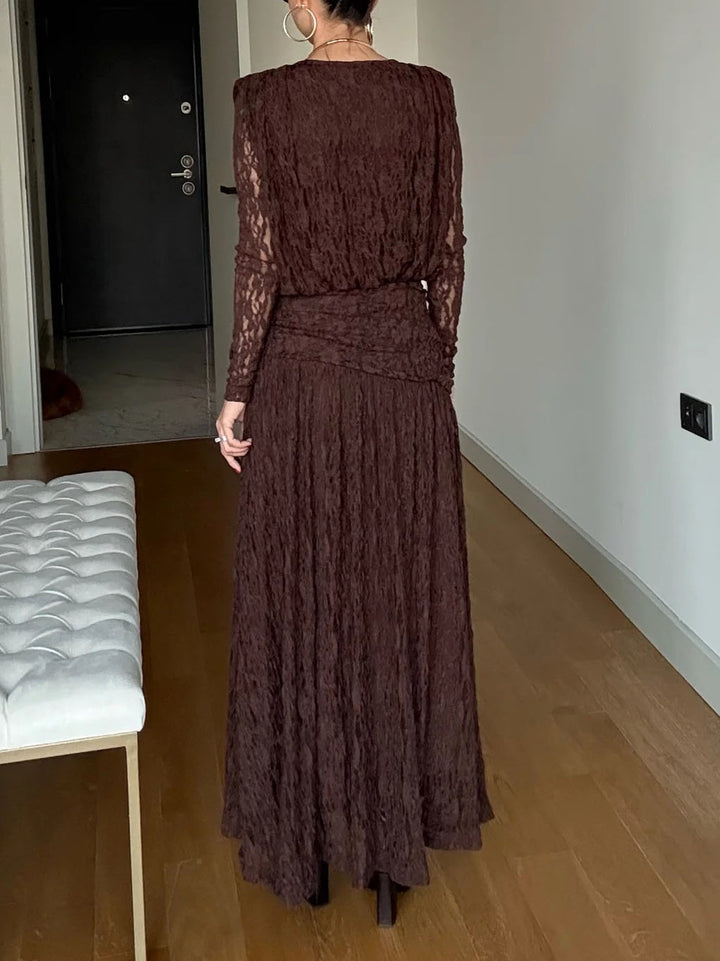 Elegant Long-Sleeve Lace-Textured Maxi Dress