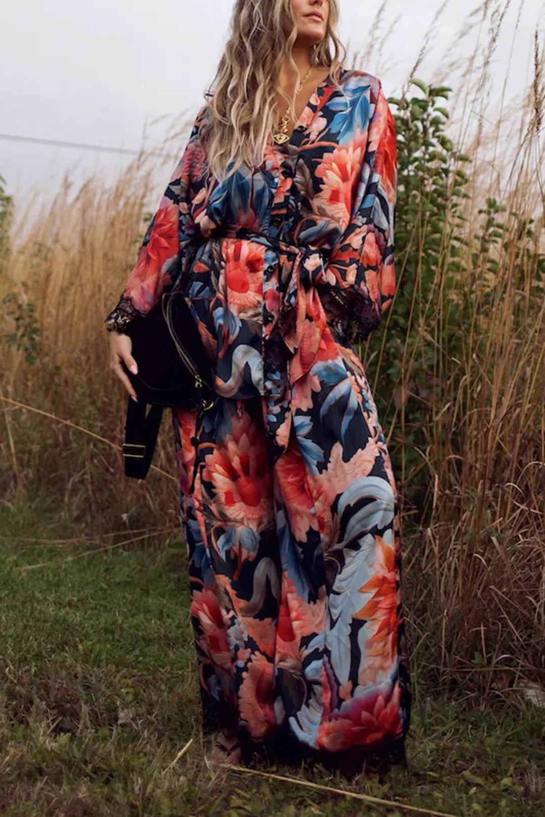 Fashion Lace Patchwork Printed Elastic Waist Wide-Leg Pants