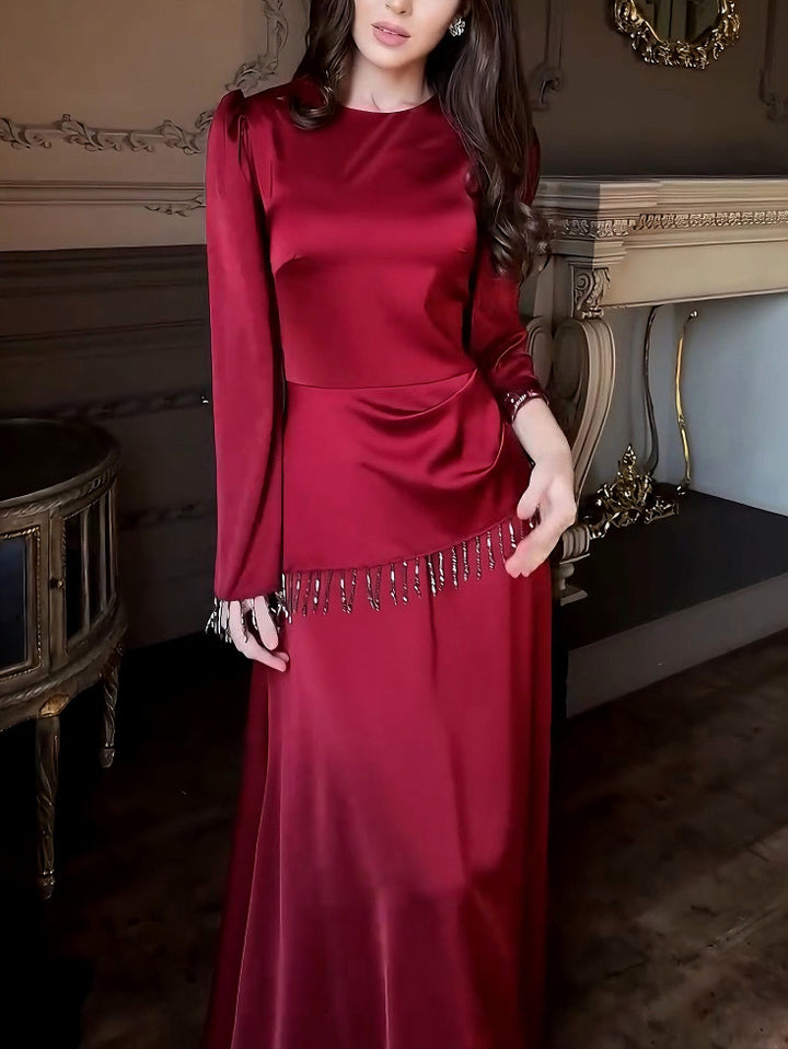 Elegant Satin Beaded Tassel Maxi Dress