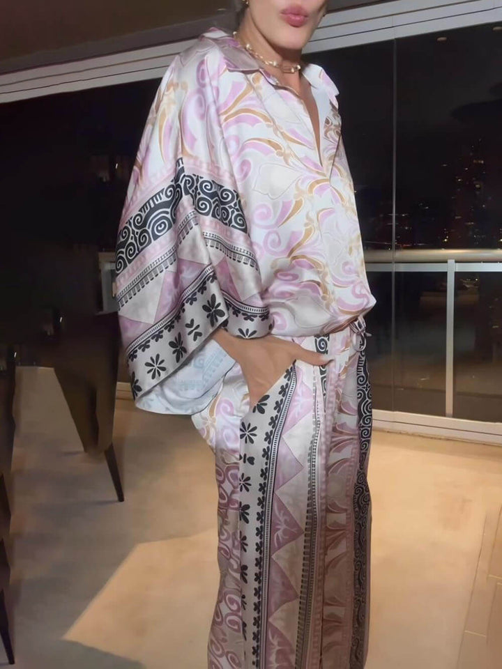 Exquisite Colorful Print Loose Drawstring Elastic Waist Pocket Wide Leg Pants