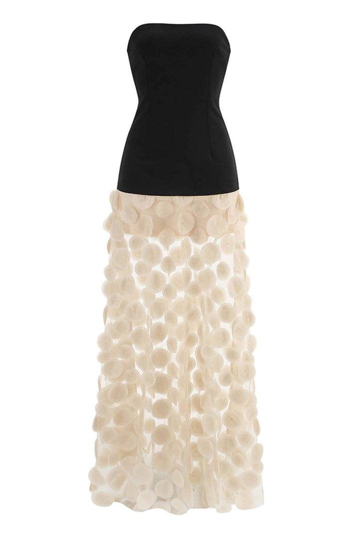 Elegant Strapless Top with Patchwork Polka Dot Mesh Maxi Dress