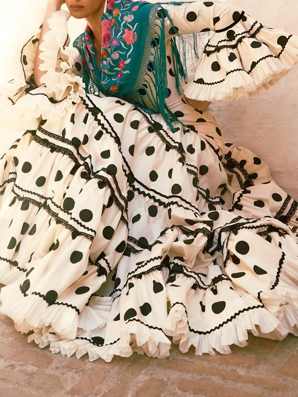 Exquisite Polka Dot Print Ruffle-Trim Flare-Sleeve A-Line Maxi Dress