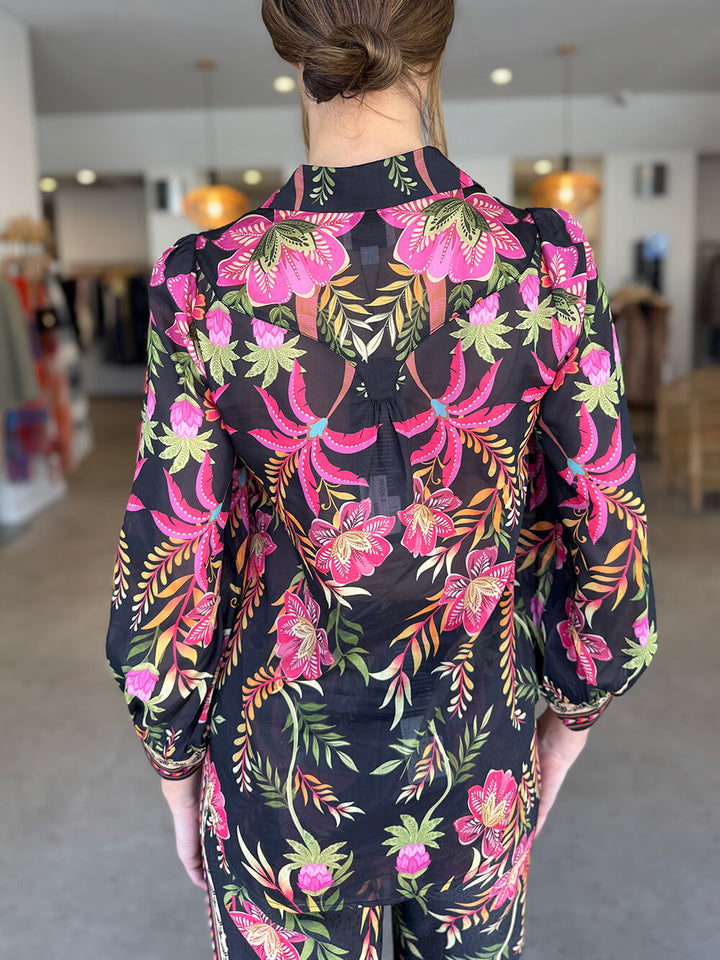 Unique Tropical Botanical Floral Print Puff Sleeve Loose Shirt