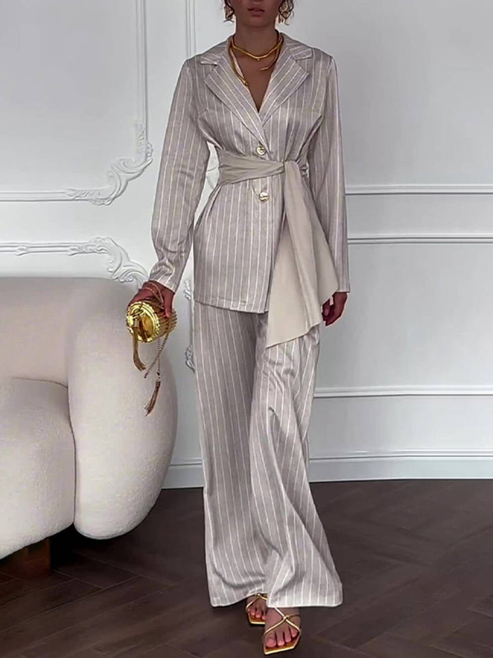 Elegant Lapel Striped Print Tie-Waist Blazer