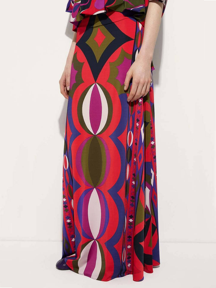 Unique Satin Rainbow Print High-Waisted Maxi Skirt