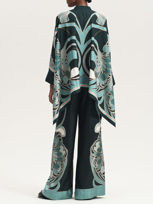 Elegant Abstract Print Satin Cape Sleeve Shirt