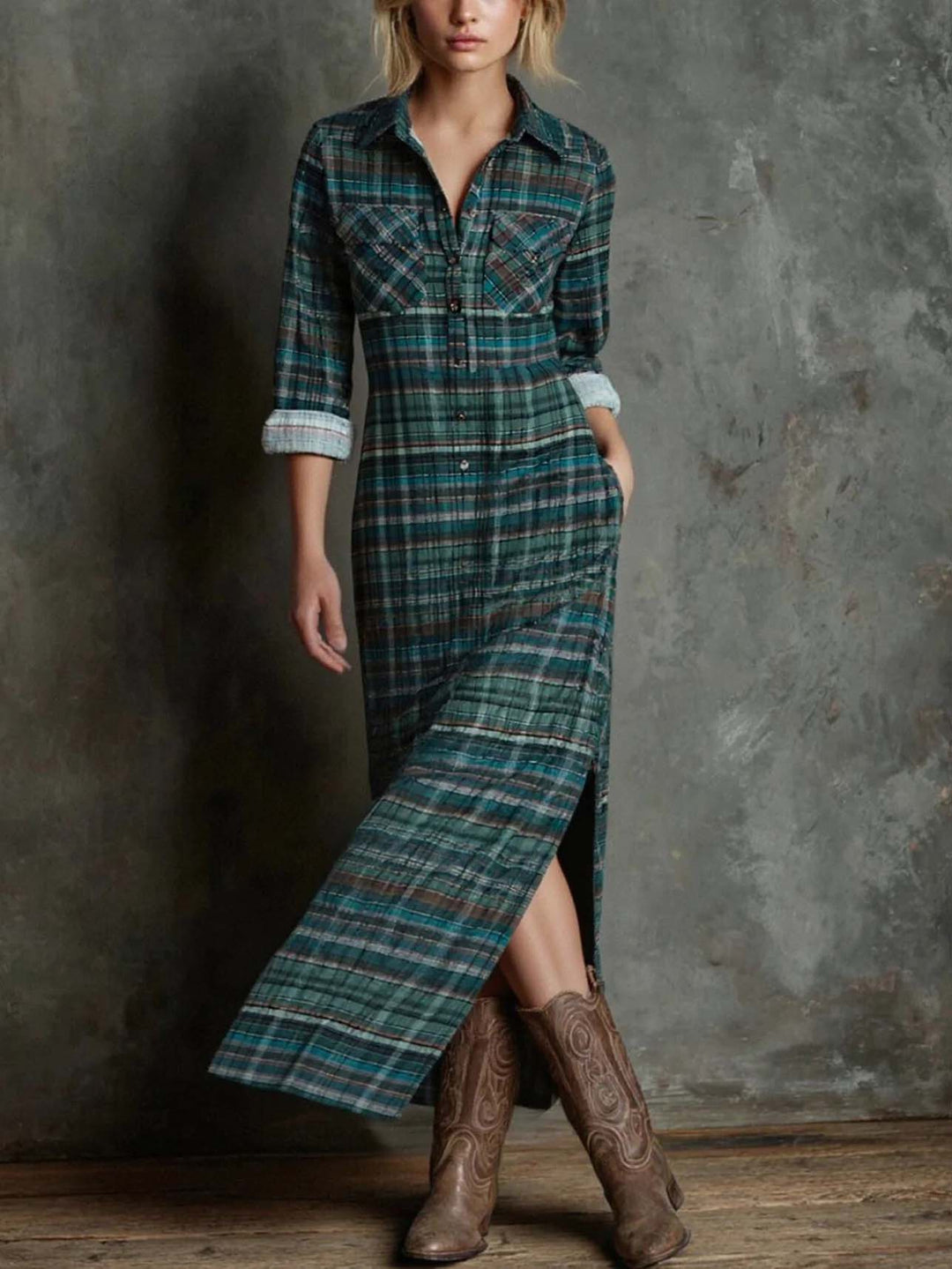 Retro Plaid Collared Single-breasted Shirt Dress