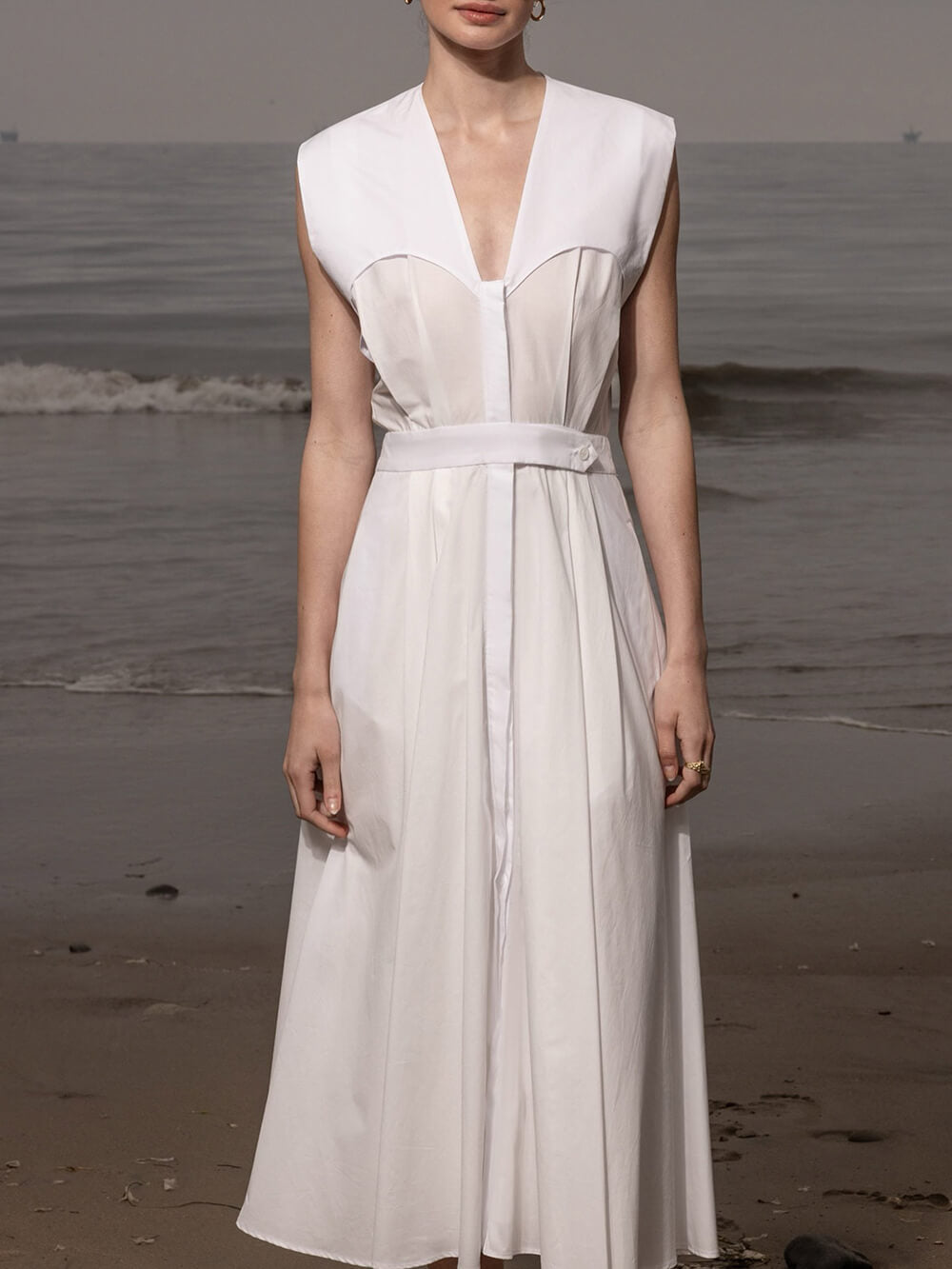 Elegant V-Neck Button-Detail Linen Midi Dress
