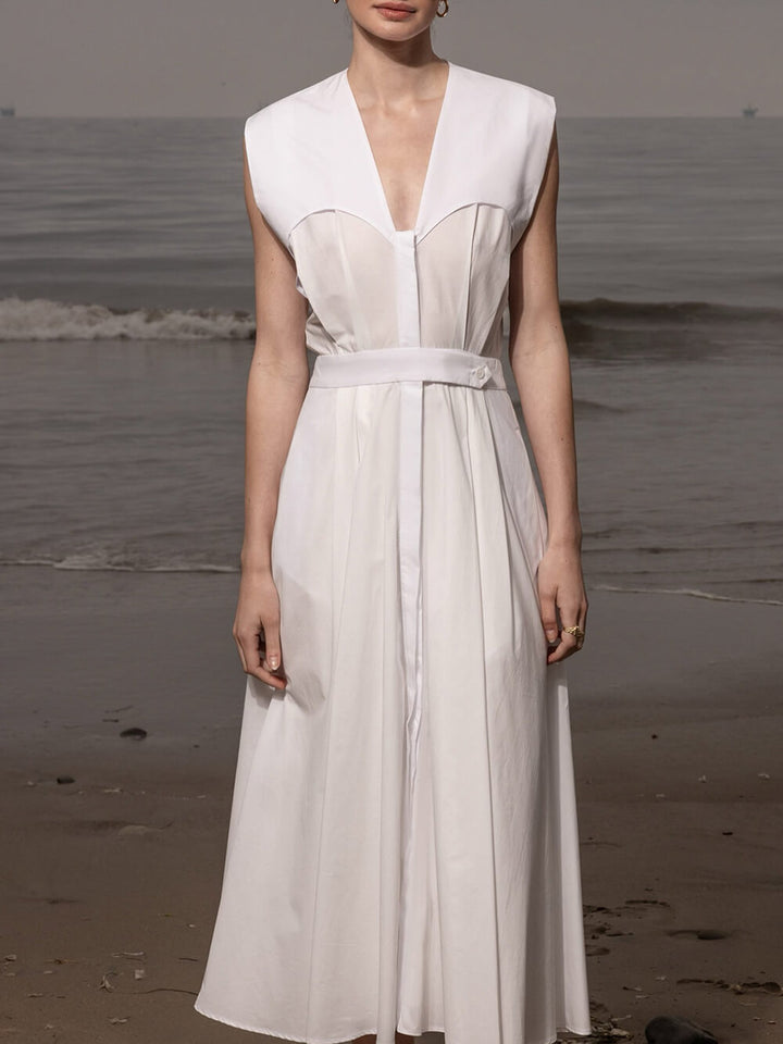 Elegant V-Neck Button-Detail Linen Midi Dress
