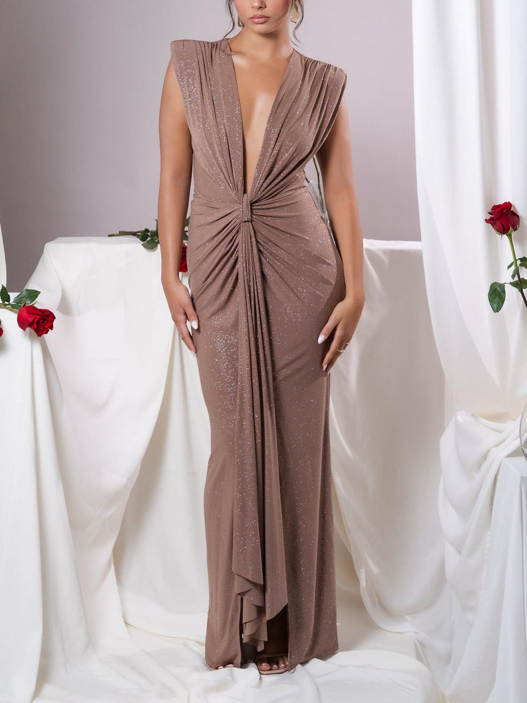 Elegant Deep V-neck Silver Shimmer Maxi Dress