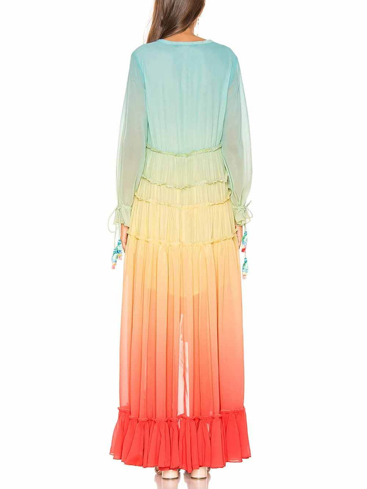 Unique Gradient Print Bohemian Rainbow Tiered Maxi Dress